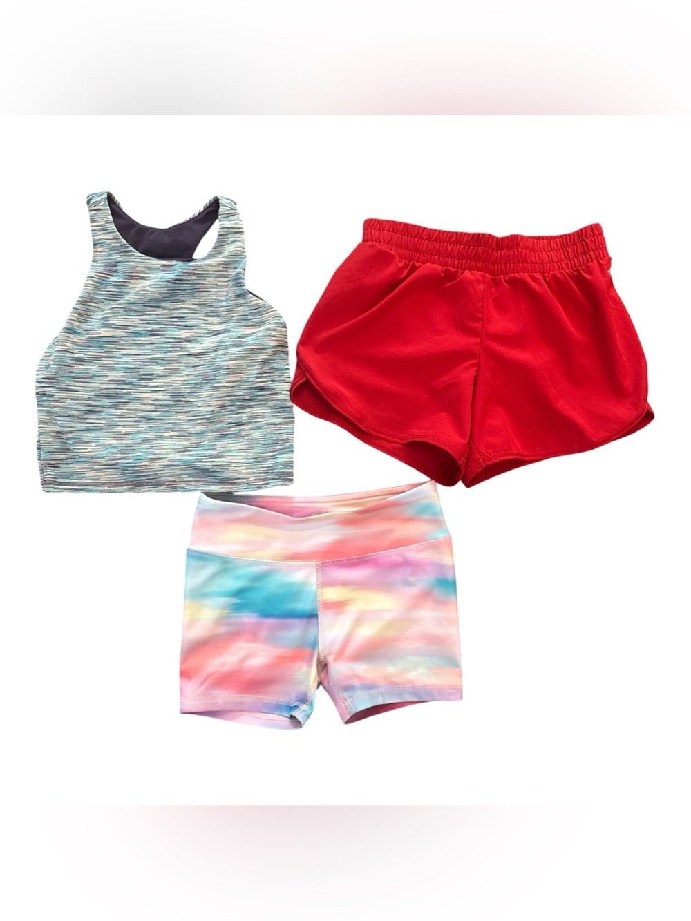 DSG Girls Three-Piece Work Out Bundle Red and Rainbow Shorts & Sports Bra 8/9